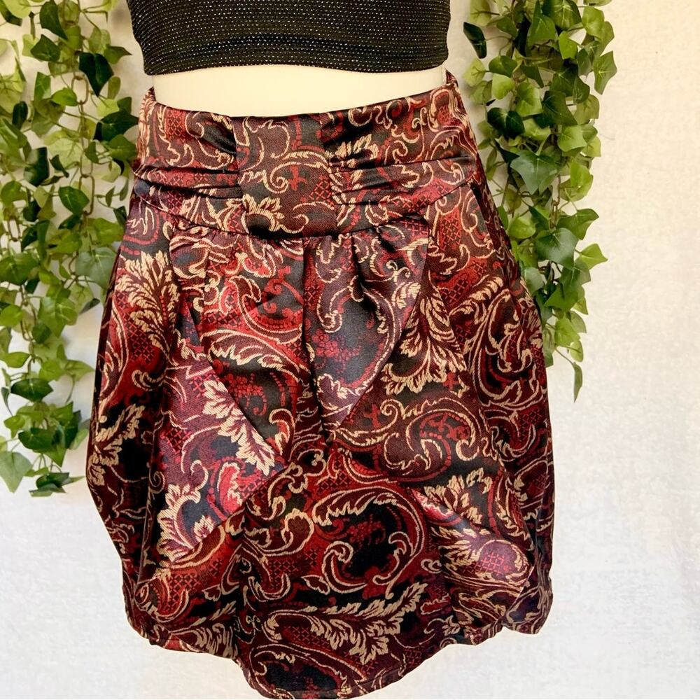 Modern Love Red Black Paisley Print High Rise Ruffled Mini Skirt Juniors 3